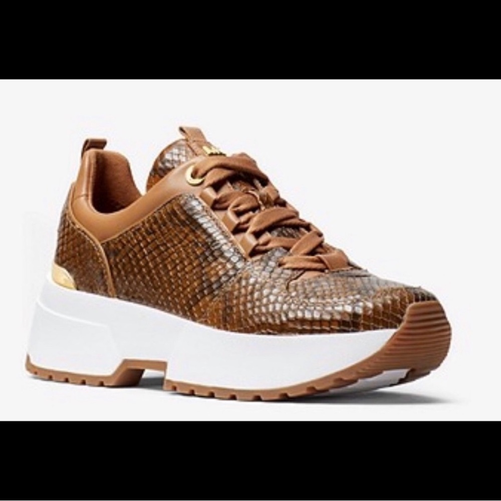 Michael Kors Brown Snake Print Leather Sneakers